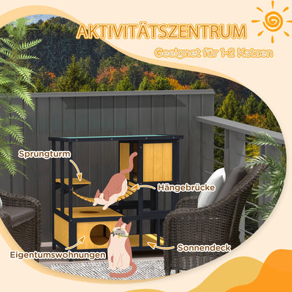 Kattenhuis – Kattenhok – Kattenverblijf – Kattenhut – Buitenhuis – Weerbestendig Hout – Speelplatform & Loopbrug – Groen + Nature – 84,5 x 60 x 88 cm