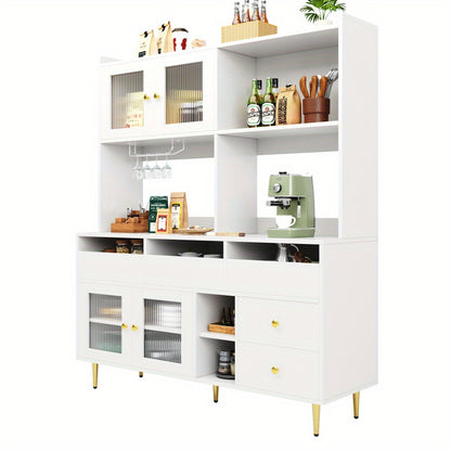 Modern White & Golden Tall Dining Cabinet with Glass Doors & Wine Rack - Multi-Tier Storage Floor-Standing Kitchen Organizer, 57" Height (145cm), 15.35" Depth (39cm), 66.93" Width (171cm), 3.2+ Cubic Feet Capacity, Metal Cons