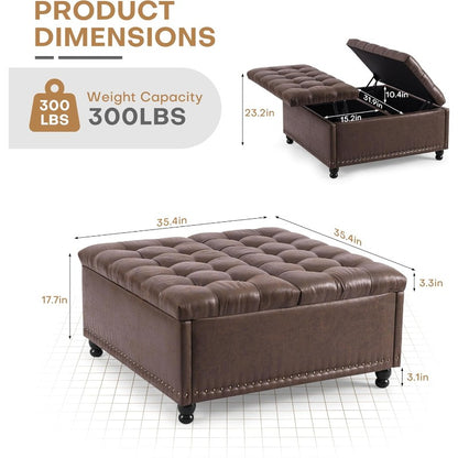 Poef – Ottoman – Zitzak – Voetenbank – Hocker – Grote Vierkante Opbergpoef – Donkerbruin Kunstleer – Lift-Top Met Opbergruimte