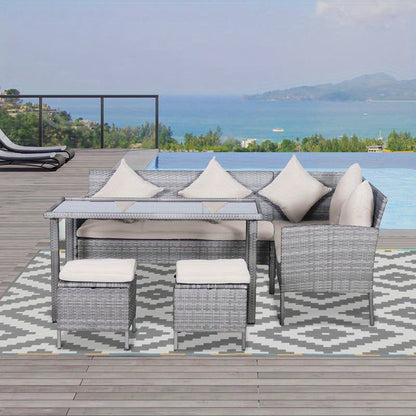 5-Tlg. Gartenmöbel Set, Rattan Sitzgruppe Mit Fußhocker, Metall, Grau, 142 X 60 X 75 Cm