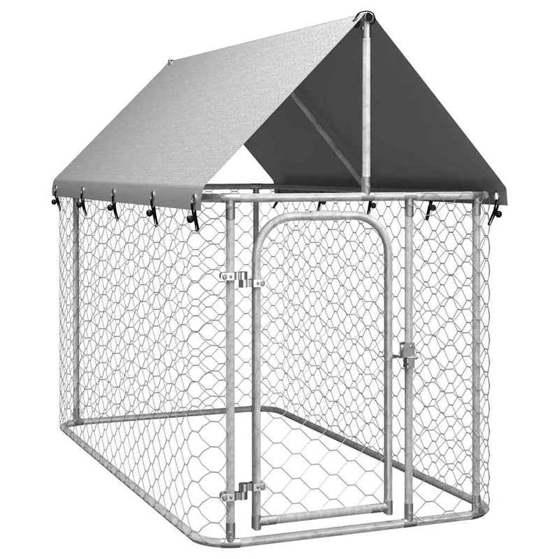 Hondenren Buiten – Hondenhok Outdoor – Hondenkooi – Hondenafscheiding – Metalen Hondenren Zilver – Met Dak – 200x100x150 cm – Stevig Weerbestendig Frame