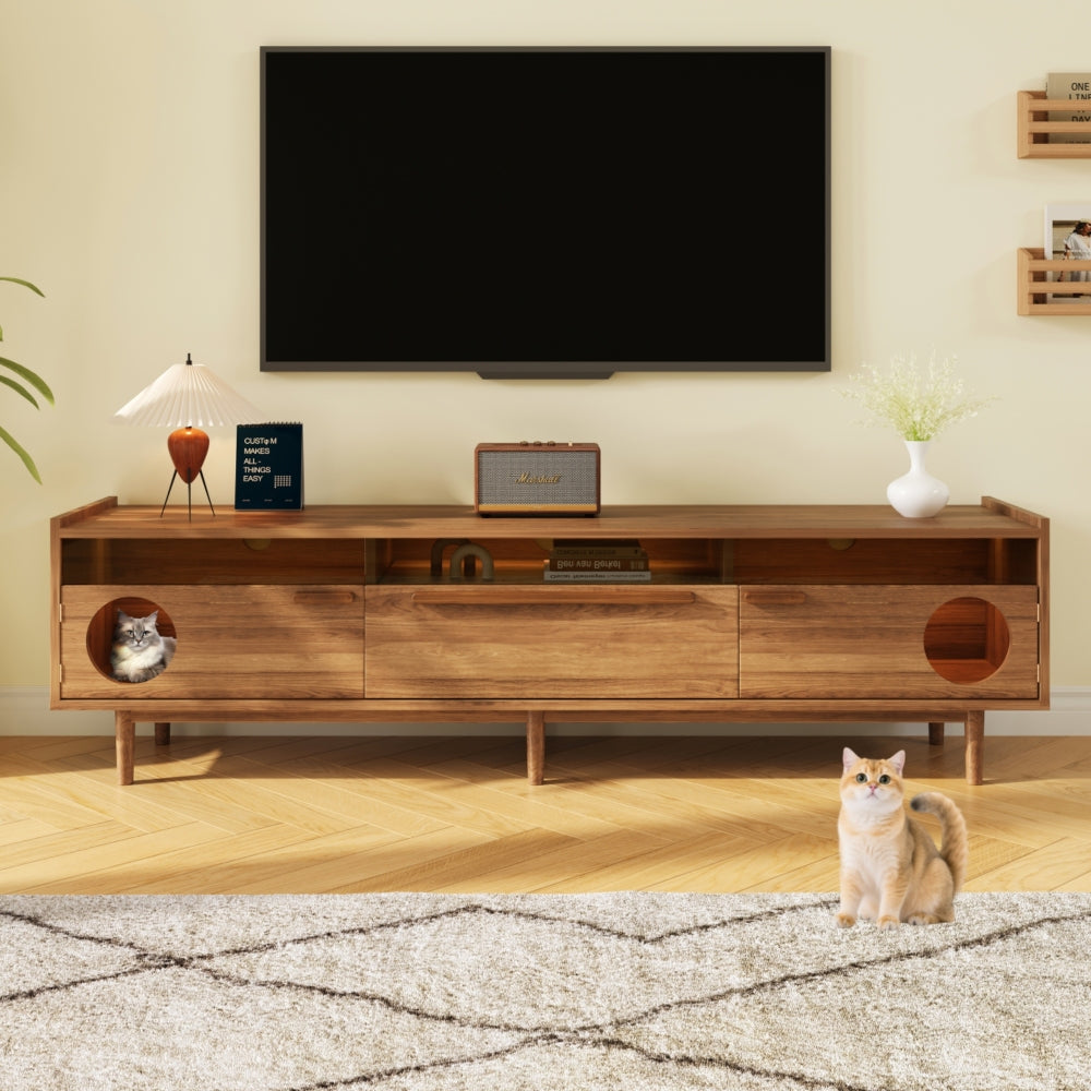 Walnut coffee table with cat hole design, size 80*50*40cm, natural walnut finish, perfect fit for modern living room, promote human and pet interaction,  Living Room Furniture, Contemporary Design, Minimalist Table, Highquali