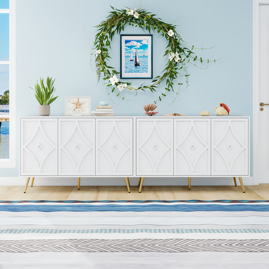 Modern White Metal Storage Cabinet with 3D Carved Pattern Doors & Golden Legs - Large Contemporary Sideboard with 3 Doors, Spacious Multi-Compartment Design for Living Room, Hallway, Bedroom - Durable Metal Construction, Eleg