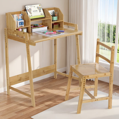 Verstelbare Bureau- En Stoelset – Werkplek Set – Thuiswerkplek – Kinderbureau – Studiebureau – Bamboe Materiaal – Ingebouwde Boekenplank Met Opbergruimte