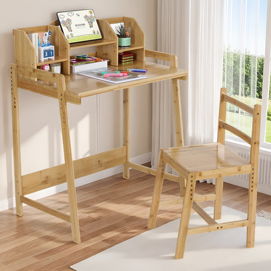 Verstelbare Bureau- En Stoelset – Werkplek Set – Thuiswerkplek – Kinderbureau – Studiebureau – Bamboe Materiaal – Ingebouwde Boekenplank Met Opbergruimte