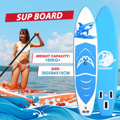 Opblaasbaar SUP Board – Paddleboard – Stand Up Paddleboard – Inflatable Board – SUP Surfboard – 350x84x15 cm – Hoogwaardig PVC – Blauw-Wit Haai Design