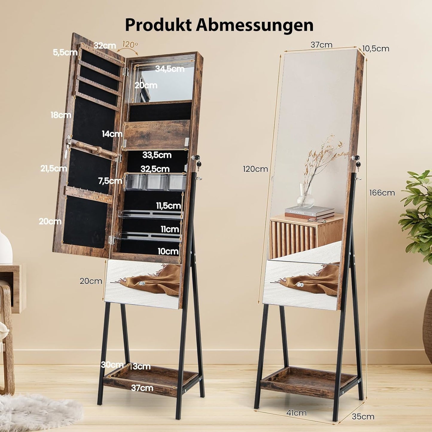 Sieradenkast – Spiegelkast – Staande Sieradenkast – Passpiegel – Juwelenkast – Volledige Lengte Spiegel 120x37 cm – Afsluitbaar Met Slot