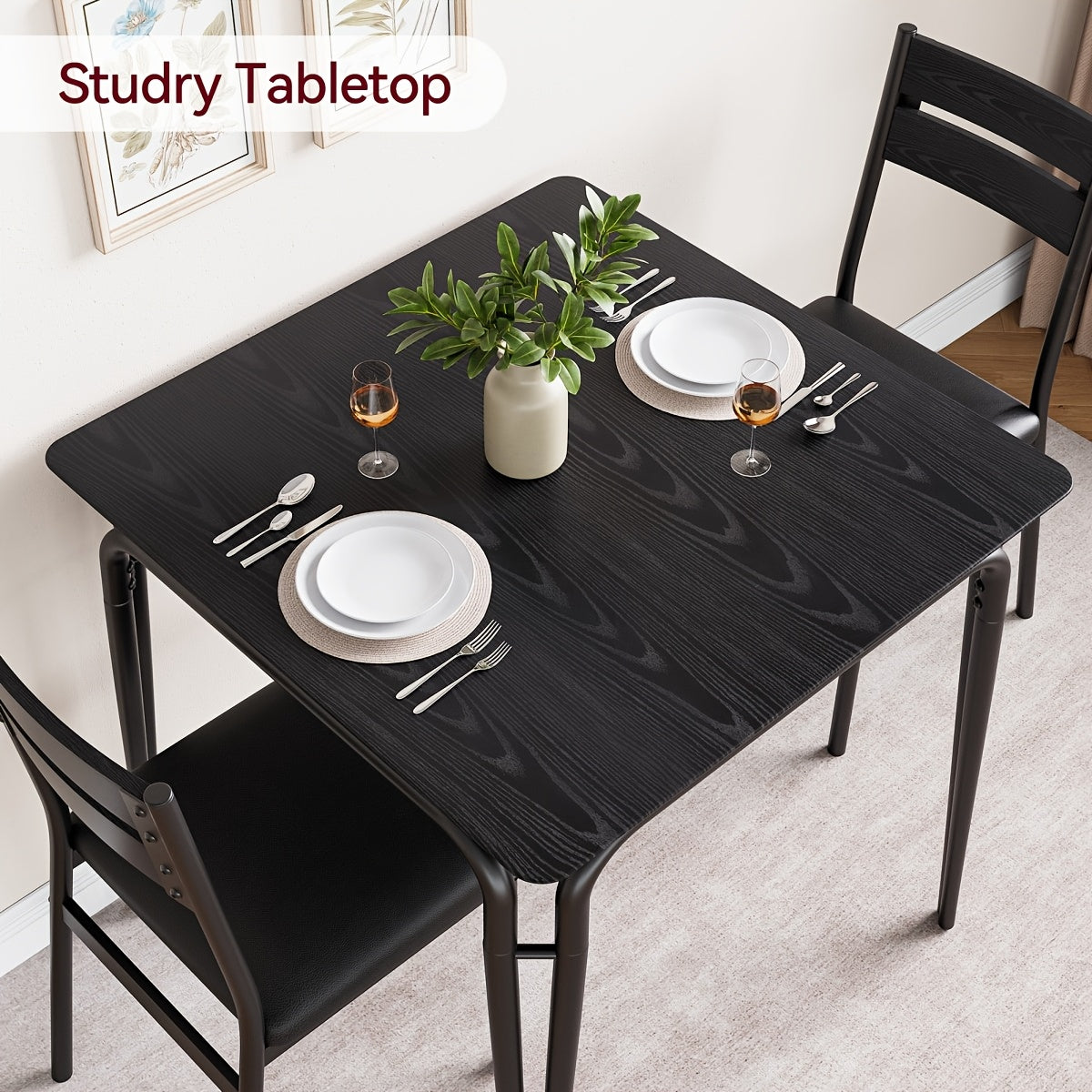 3pcs Compact Space-Saving Small Dining Set with Black Table & Chairs - Modern Classic Style Square Dinette Table with White Legs & Black Frame, MDF Wood Tabletop & Padded Chairs for Apartments, Kitchens, Studios - Easy-Clean