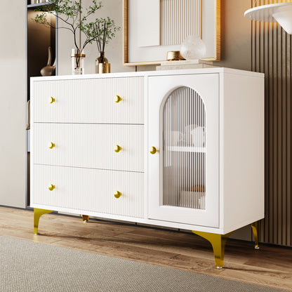 Sideboard – Dressoir – Opbergkast – Kast Met Laden – Sideboard Wit – Hardhout – Glazen Deur – Textuurfront – Gouden Handgrepen – Vrijstaand En Stevig