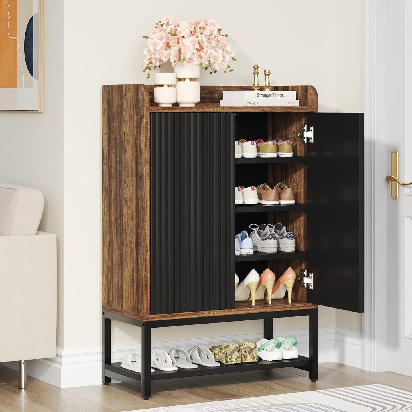 Shoe Cabinet with Doors, 5-Tier Shoe Storage Cabinet for Entryway Hallway, Wooden Shoe Rack Organizer Cabinet for 15-20 Pair of Shoes, Black and Brown (1)
