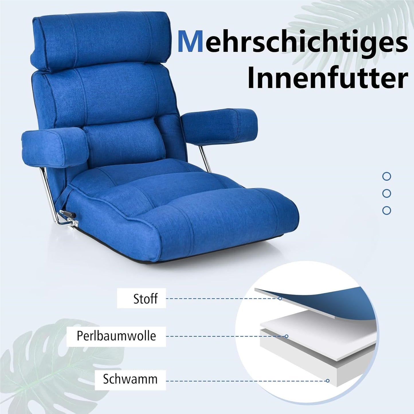 Vloerstoel – Zitzak – Meditatiestoel – Gamingstoel – Relaxfauteuil – Verstelbare Rugleuning 90-180° – Inklapbare Armleuningen – Blauw
