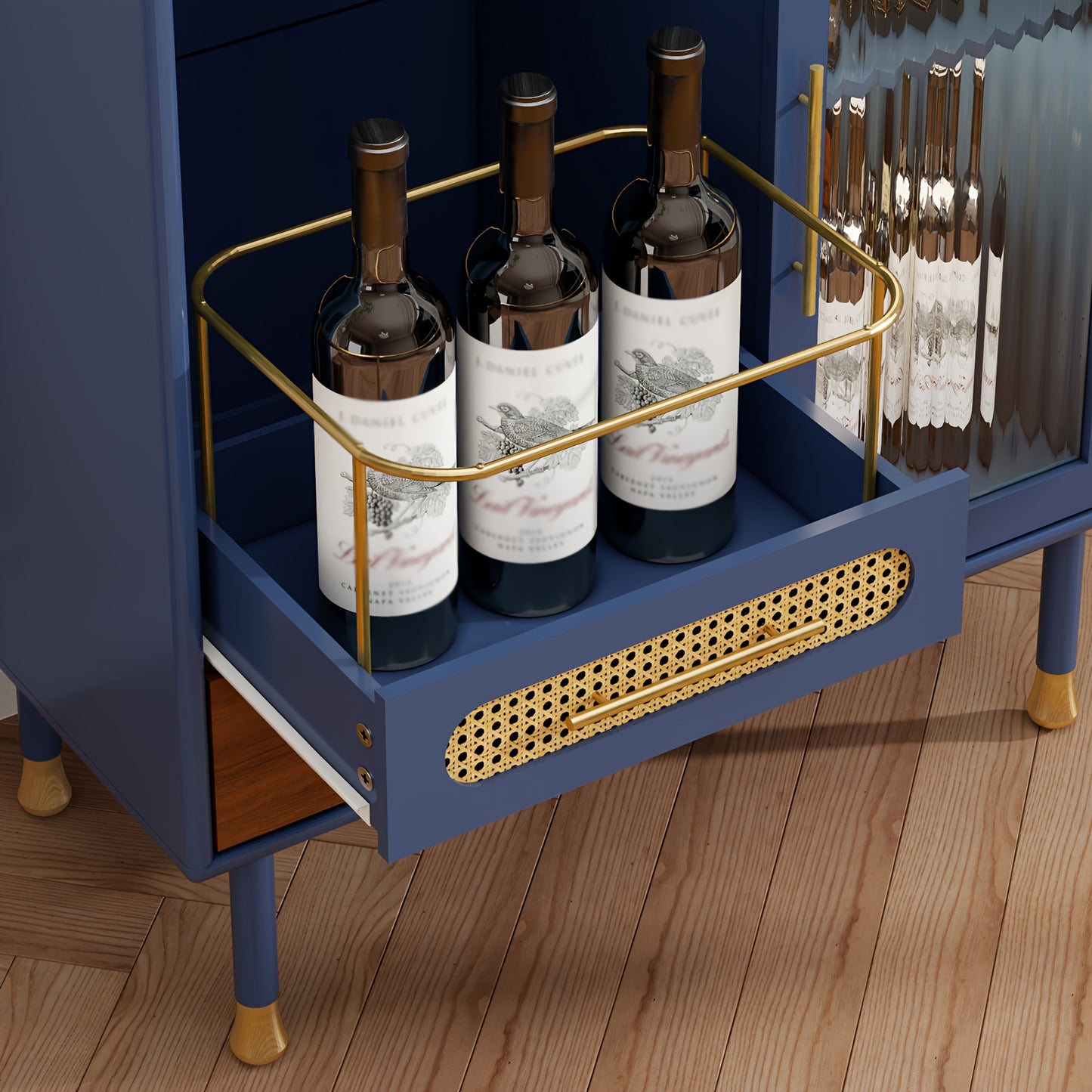 Wijnkast – Dressoir – Sidetable – Opbergmeubel – Vintage Sideboard – Blauw – Hoogwaardige MDF Constructie – Met Deur, Lades En Wijnrek