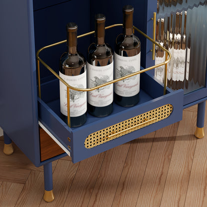 Wijnkast – Dressoir – Sidetable – Opbergmeubel – Vintage Sideboard – Blauw – Hoogwaardige MDF Constructie – Met Deur, Lades En Wijnrek