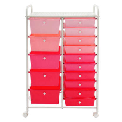 Opbergwagen – Rollende Ladewagen – Opbergkast – Ladeblok – Mobiele Opbergunit – Gradient Pink – 15 Lades – Stevige Constructie Met Remmen