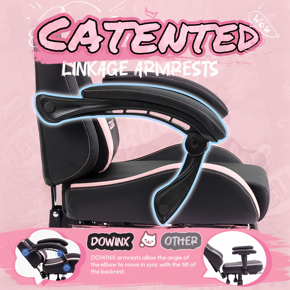 Ergonomic Pink Office Chair with Adjustable Height, Headrest & Lumbar Support - Cute Doll Design, 360° Swivel Base, 5-Point Adjustable Armrests, 5-Point Adjustable Footrest, 5-Point Adjustable Backrest, 5-Point Adjustable Se