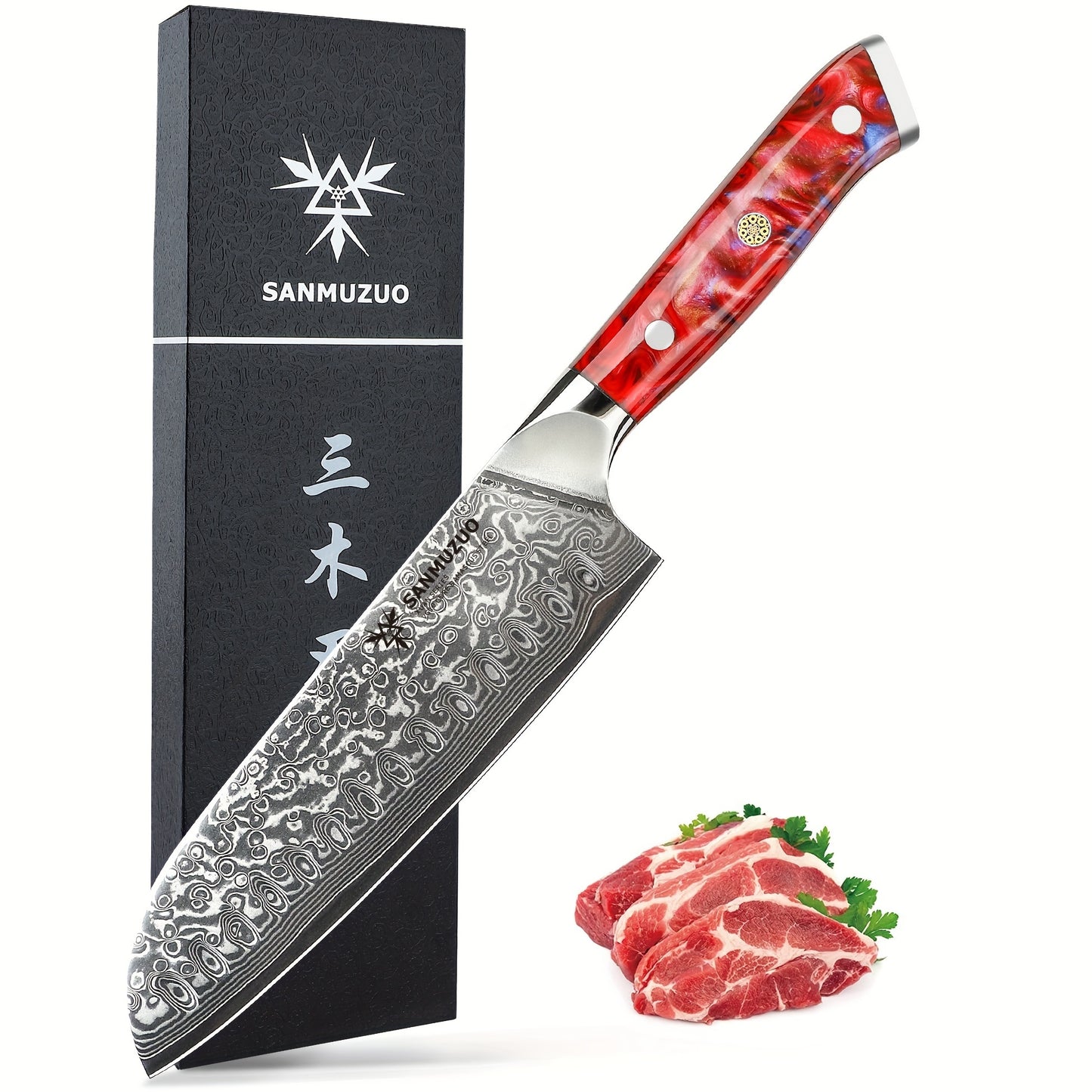 Santokumes – Koksmessen – Keukenmessen – Damastmessen – Japans Mes – 7 Inch – VG-10 Gehamerd Staal – Rood Giethars Handvat