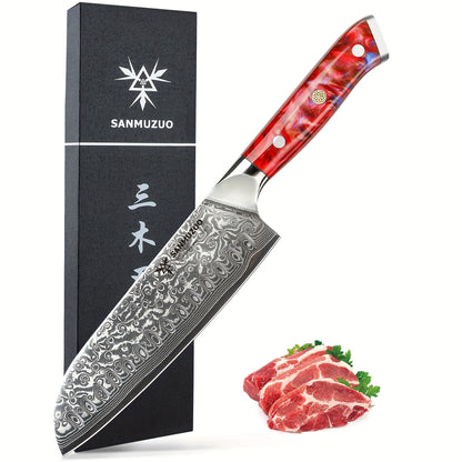 Santokumes – Koksmessen – Keukenmessen – Damastmessen – Japans Mes – 7 Inch – VG-10 Gehamerd Staal – Rood Giethars Handvat