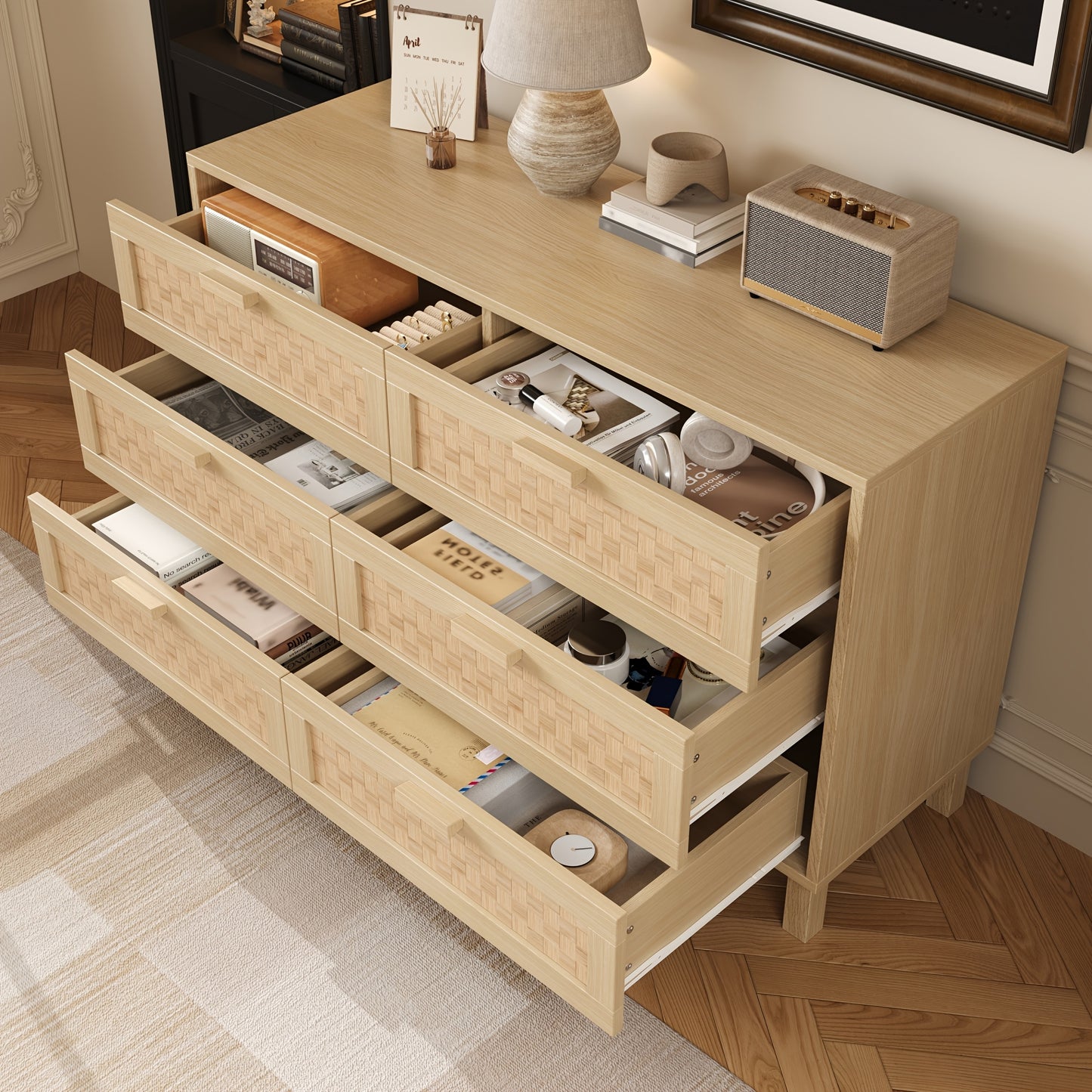 Ladekast – Ladenkast – Commode – Opbergkast – Kast – Bamboe met rieten frontjes – 6 lades, 3,2 kubieke voet opbergruimte – 69 cm hoog, eenvoudig te monteren