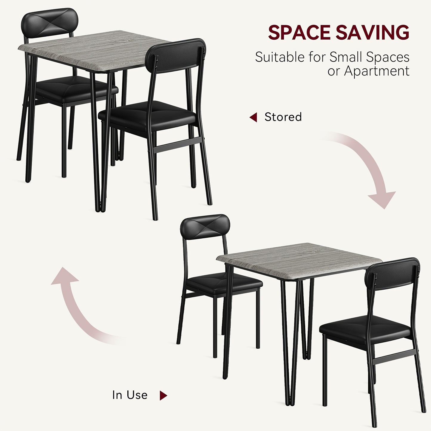 Eettafelset – Eettafelset – Eethoek – Keukentafelset – Zitgroep – Industrieel Design – Compact Formaat – MDF Tafelblad – Gestoffeerde Stoelen – 74x74 cm – Metaal & Hout – Grijs