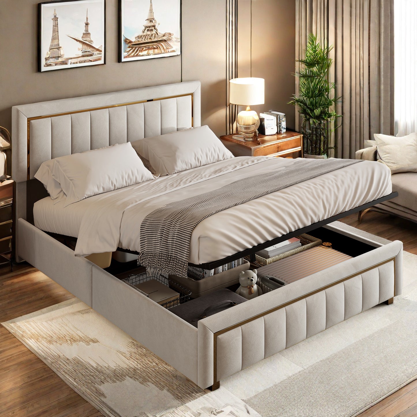 Tweepersoonsbed – Bed – Opbergbed – Slaapbank – Logeerbed – Velvet Bekleding – Hydraulisch Hefmechanisme – 160x200 cm – Met Opbergruimte – Gouden Accenten