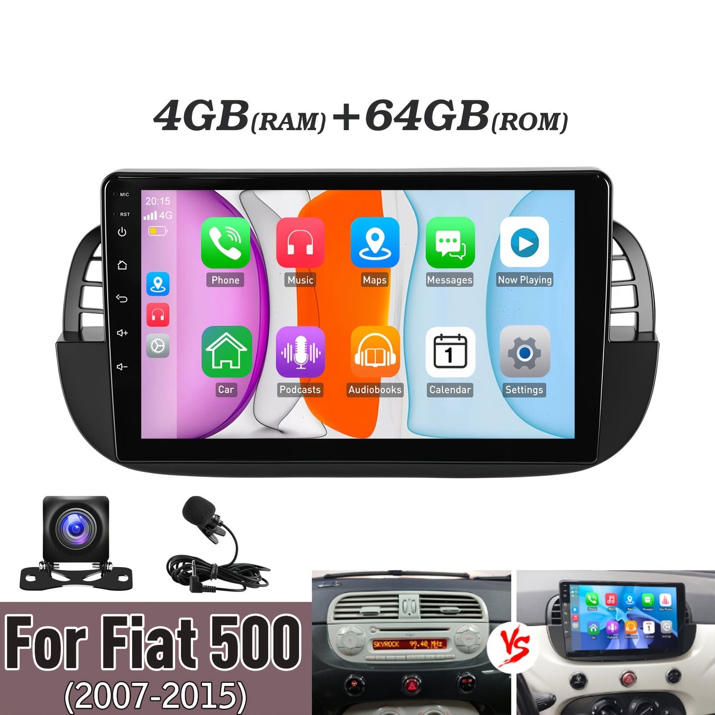 Autoradio FIAT 500 – Multimedia Speler – Navigatiesysteem – Car Audio Systeem – Auto Entertainment – Android 14 – 9 Inch HD Touchscreen – Draadloos CarPlay & Android Auto – AHD Camera & Microfoon