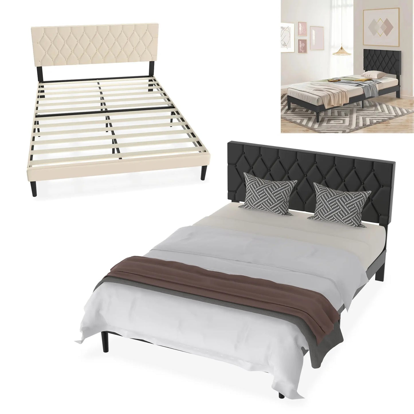 Modern Upholstered Bed: 90/140/160x200 cm with Soft Fabric, Sleek Minimalist Style, and 300kg Load Capacity in Black/Beige Leather style