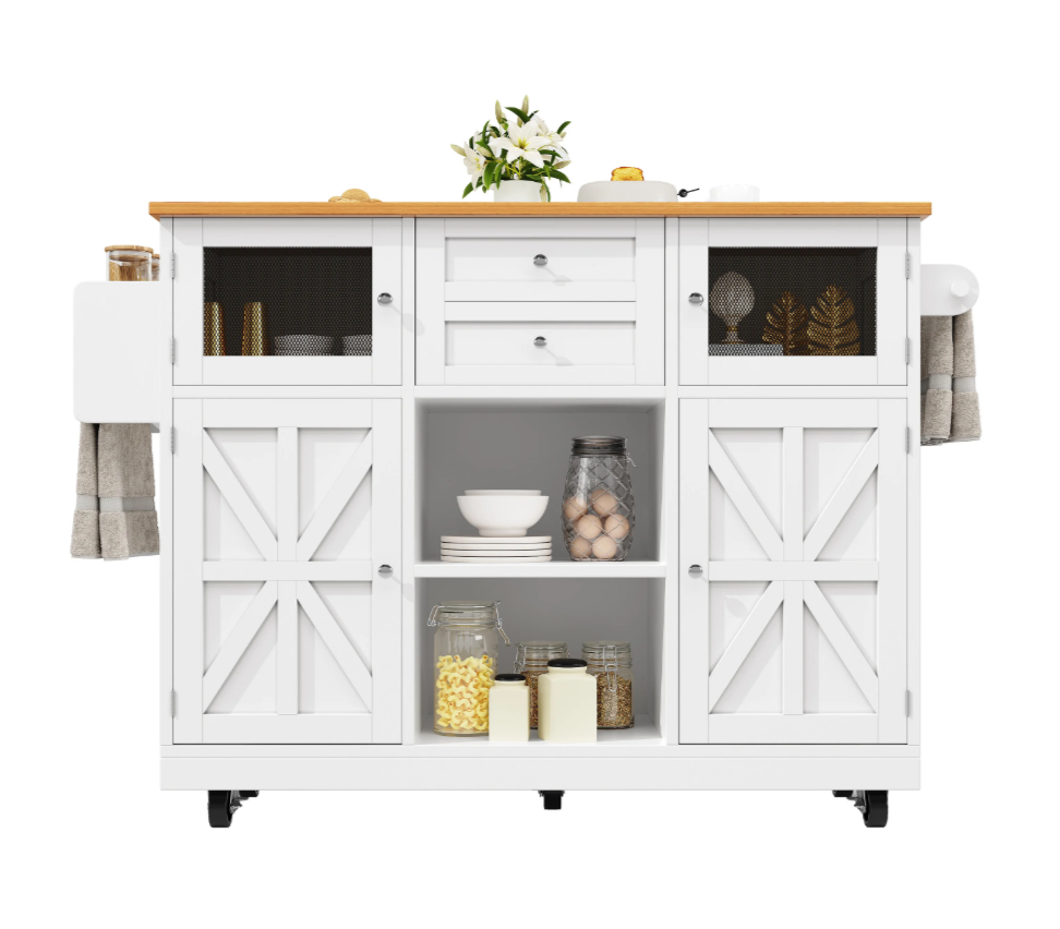 Kitchen island, dining cart with worktop, buffet cabinet, dining cart with wood grain, side towel rail,adjustable dividers,black - QUORE