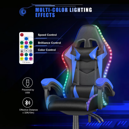 Gaming Stoel met LED Verlichting – Ergonomische Gamestoel met Hoge Rugleuning en Hoofdsteun – Verstelbare Bureaustoel voor Gamers – Comfortabele Computerstoel – Zwart met Blauw Design