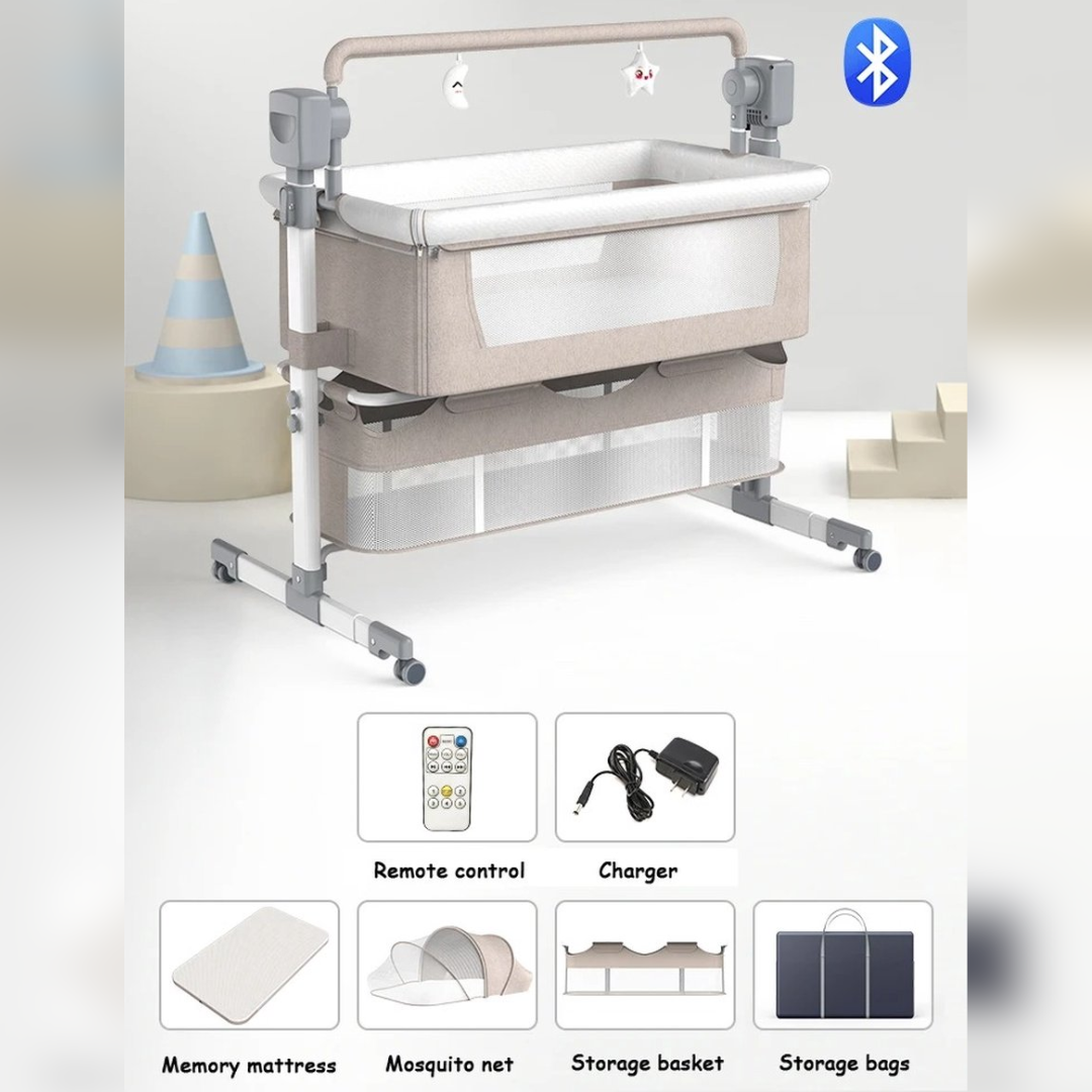 Elektrisch Babybed met Bluetooth – Schommelwieg met Matras, Wielen & Klamboe – Cradle -Wiegje – Automatisch Schommelen – Babybed 0-12 Maanden - Beige