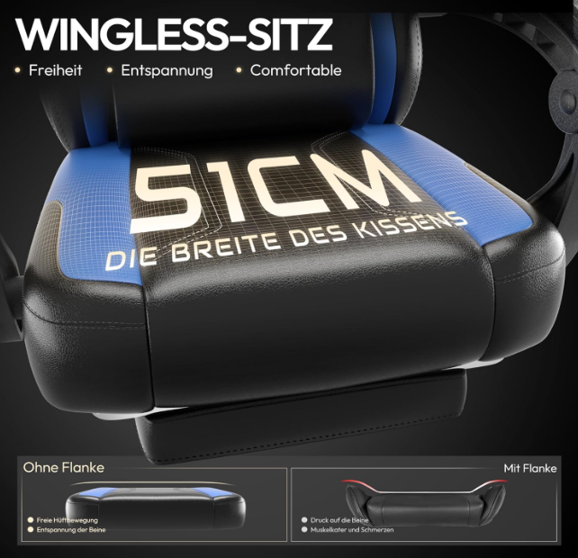 Gamingstoel – Bureaustoel – Racestoel – Ergonomische Stoel – Computerstoel – Met Voetensteun – 136 KG Draaggewicht – Verstelbare Hoogte & Rugleuning – Zwart/Blauw