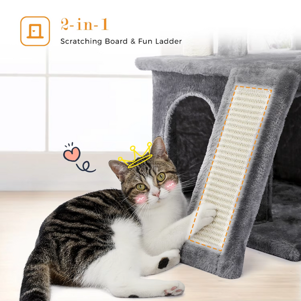 Grote kattenboomtoren Condo Meubels – Krabpaal & Kattenspringspeelgoed met Ladder – Huisdierhuis voor Kittens & Katten – Speelstructuur met Meerdere Niveaus