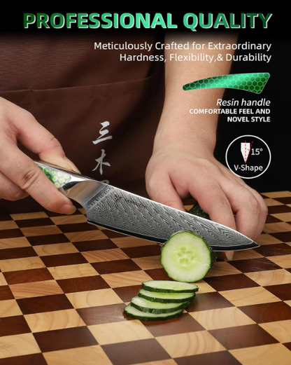 Damesschilmessen – Schilmesje – Utility Mes – Koksmes – Keukenmessen Set – VG10 Damascus Staal – Ergonomische Hars Handgrepen – Ambidextrisch Design – Groen