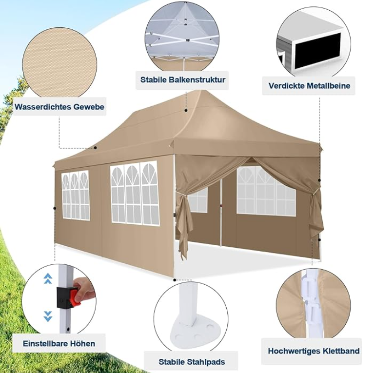 Partytent – Feesttent – Paviljoen – Tuintent – Opvouwbare Tent – 3x6 m – Waterdicht – 4 Afneembare Zijwanden – Verstelbare Hoogte – Inclusief Draagtas