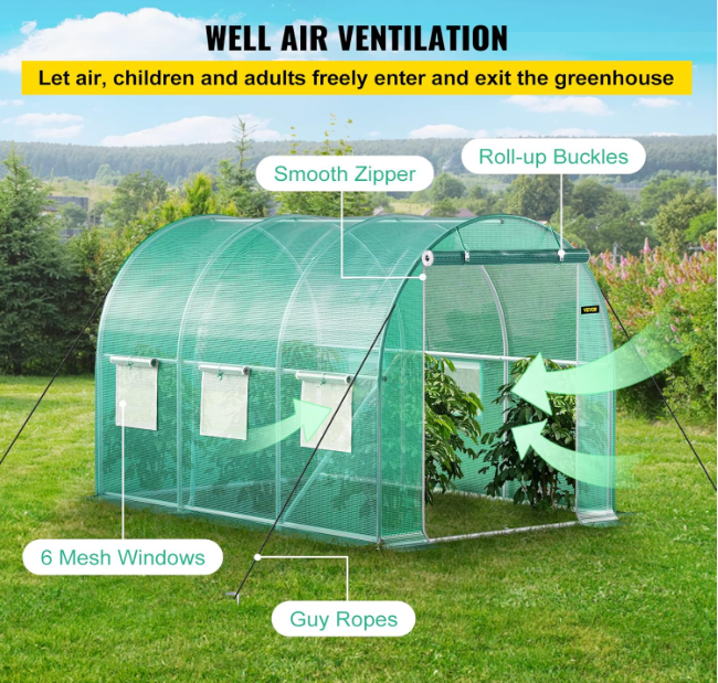 Kweekkas Tunnel – Tuinkas – Foliekas – Plantentunnel – Broeikas – 609,6x304,8x213,36 cm – Gegalvaniseerd Stalen Frame – 12 Oprolbare Ramen & 2 Ritsdeuren – Groen Netdoek