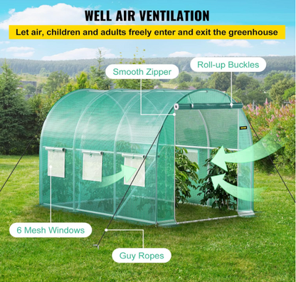 Kweekkas Tunnel – Tuinkas – Foliekas – Plantentunnel – Broeikas – 609,6x304,8x213,36 cm – Gegalvaniseerd Stalen Frame – 12 Oprolbare Ramen & 2 Ritsdeuren – Groen Netdoek