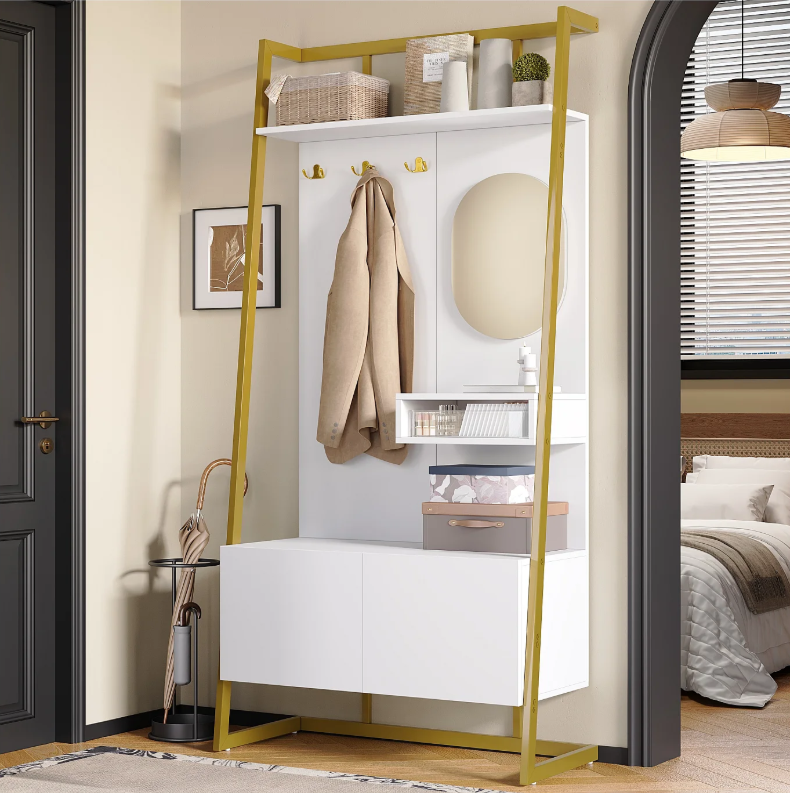 Kapstok – Garderoberek – Wandkapstok – Staande Kapstok – Kledingrek – Wit – Compact Ruimtebesparend Design – Inclusief Spiegel en Schoenenbank