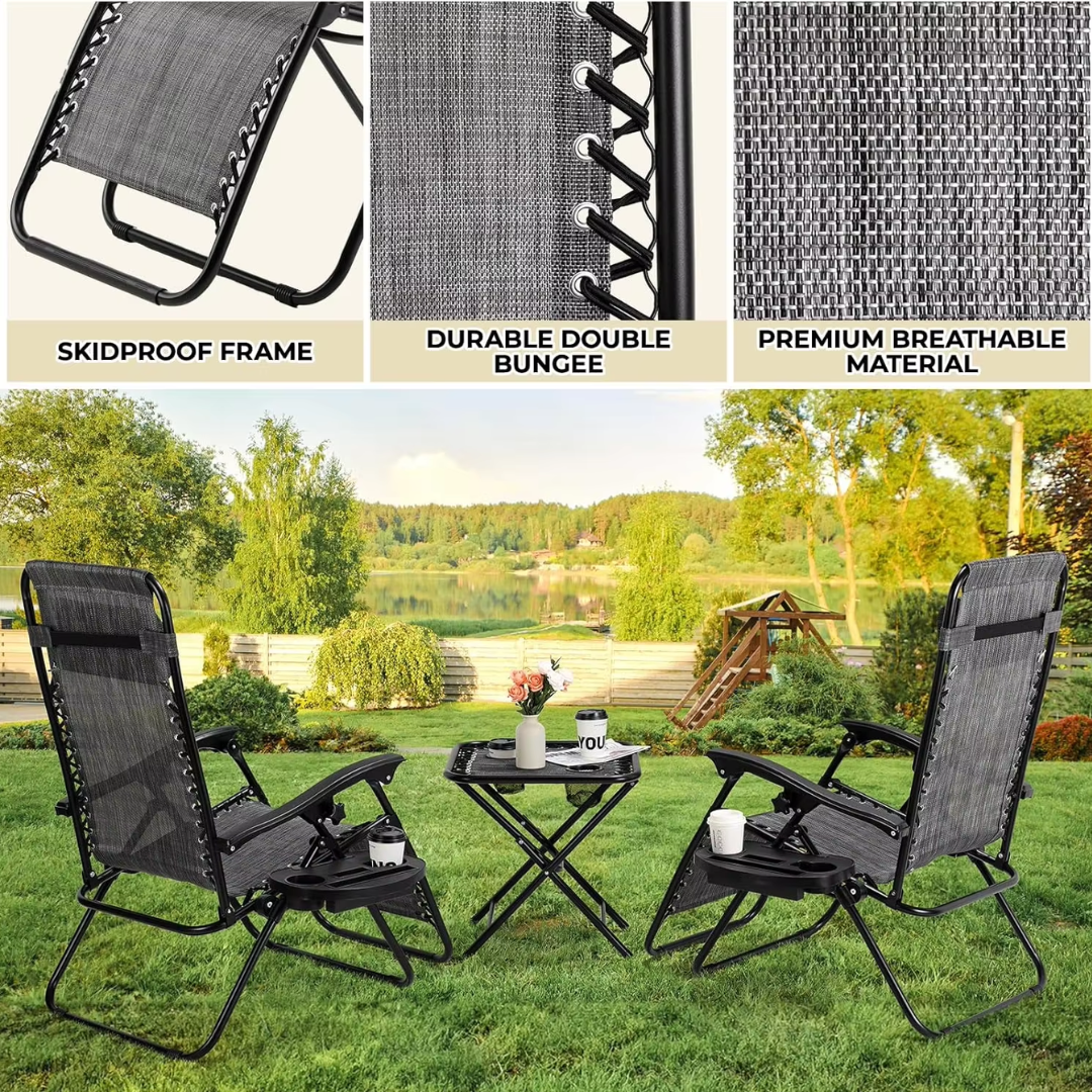 Ligstoelen Set met Tafel - Loungeset Buiten - Verstelbare Tuinstoelen - Campingstoelen - Opvouwbare Strandstoelen met Hoofdkussen en Bekerhouder - Grijs