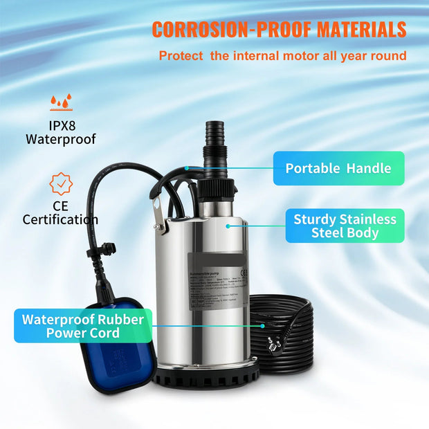 Vevor - Water pump - Sewage pump - Submersible pump - Clean water pump - For pumping water from swimming pools - 9500L/H b - 550W - Silver