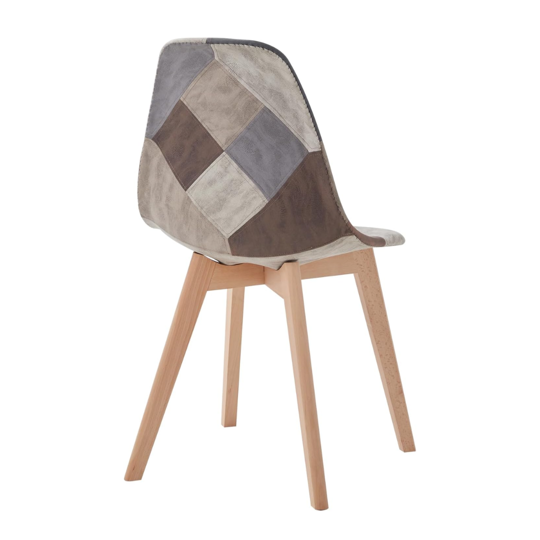 Set van 4 Eetkamerstoelen – Comfortabele Kuipstoelen met Gewatteerde Zitting – Patchwork Design in Bruin - Beige & Grijs – Scandinavische Stoelen met Houten Onderstel – Modern & Stijlvol voor Eetkamer of Keuken