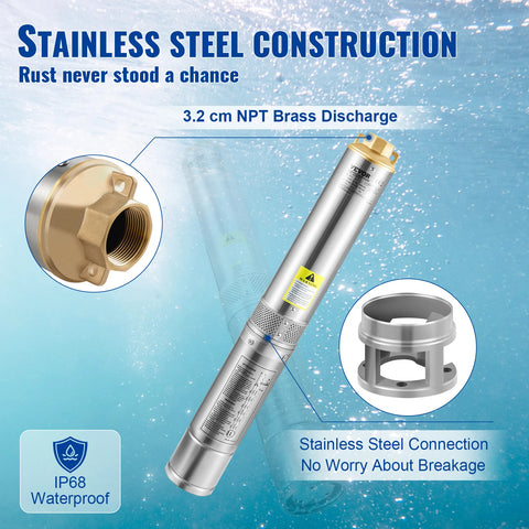 Vevor - Water pump - Deep well submersible pump - 750W - 230V - 50Hz stainless steel - for industrial irrigation and home use - Silver