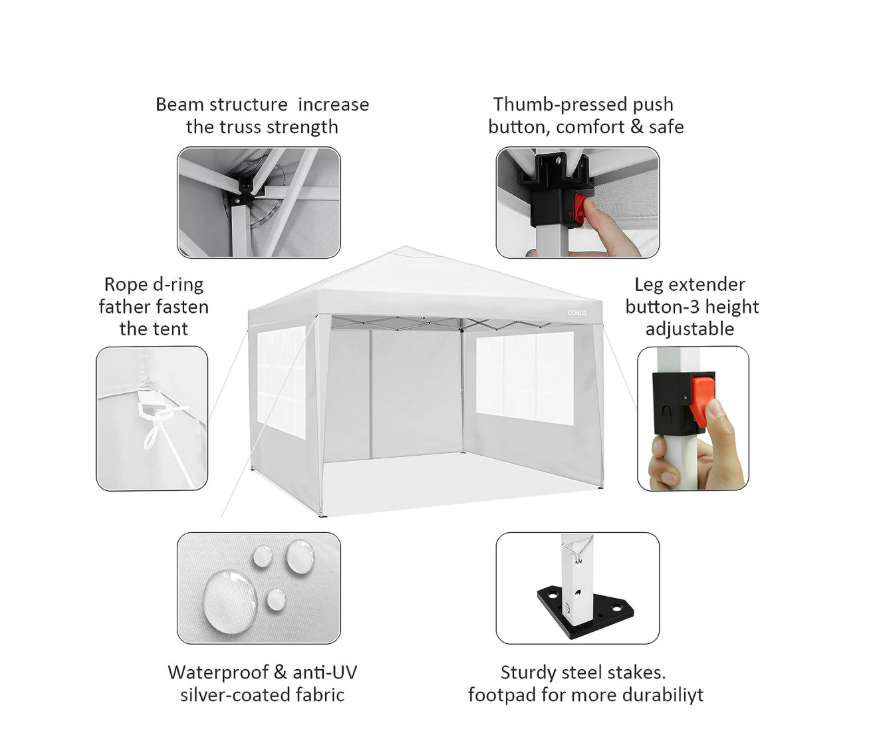 Partytent – Pop-up Tent – Feesttent – Tuintent – Paviljoen – 3,05x3,05 m – Waterdicht – Verstelbare Hoogte – Met Afneembare Zijwanden