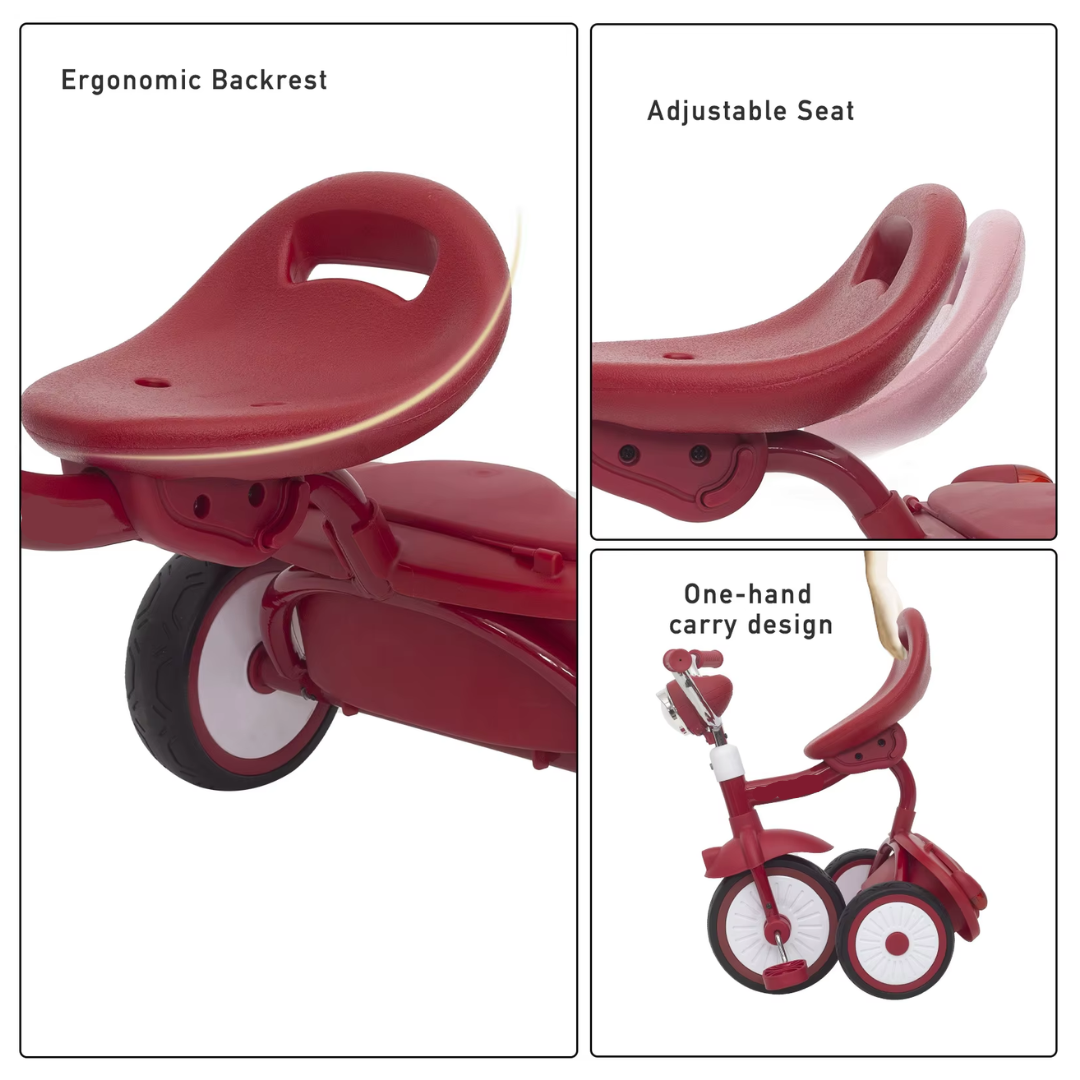 Driewieler voor Peuters – Kinderfiets Opvouwbaar met PU Wielen – Verstelbaar Zadel – Met Voorlamp & Opbergmand – 1 tot 3 Jaar – Rood
