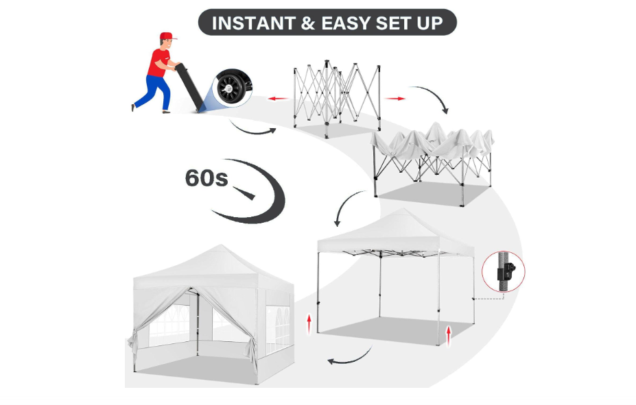 Pop-up Partytent – Klap Tent – Vouwtent – Markt Tent – Evenemententent – 3,05×3,05 Meter – 4 Afsluitbare Zijwanden – Verstelbare Hoogte