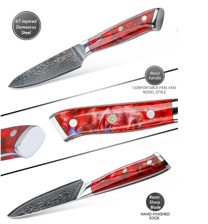 Messenset – Keukenmessen – Broodmes – Utility Mes – Santokumes – Rood – VG10 Damascus Staal – Resin Handvat