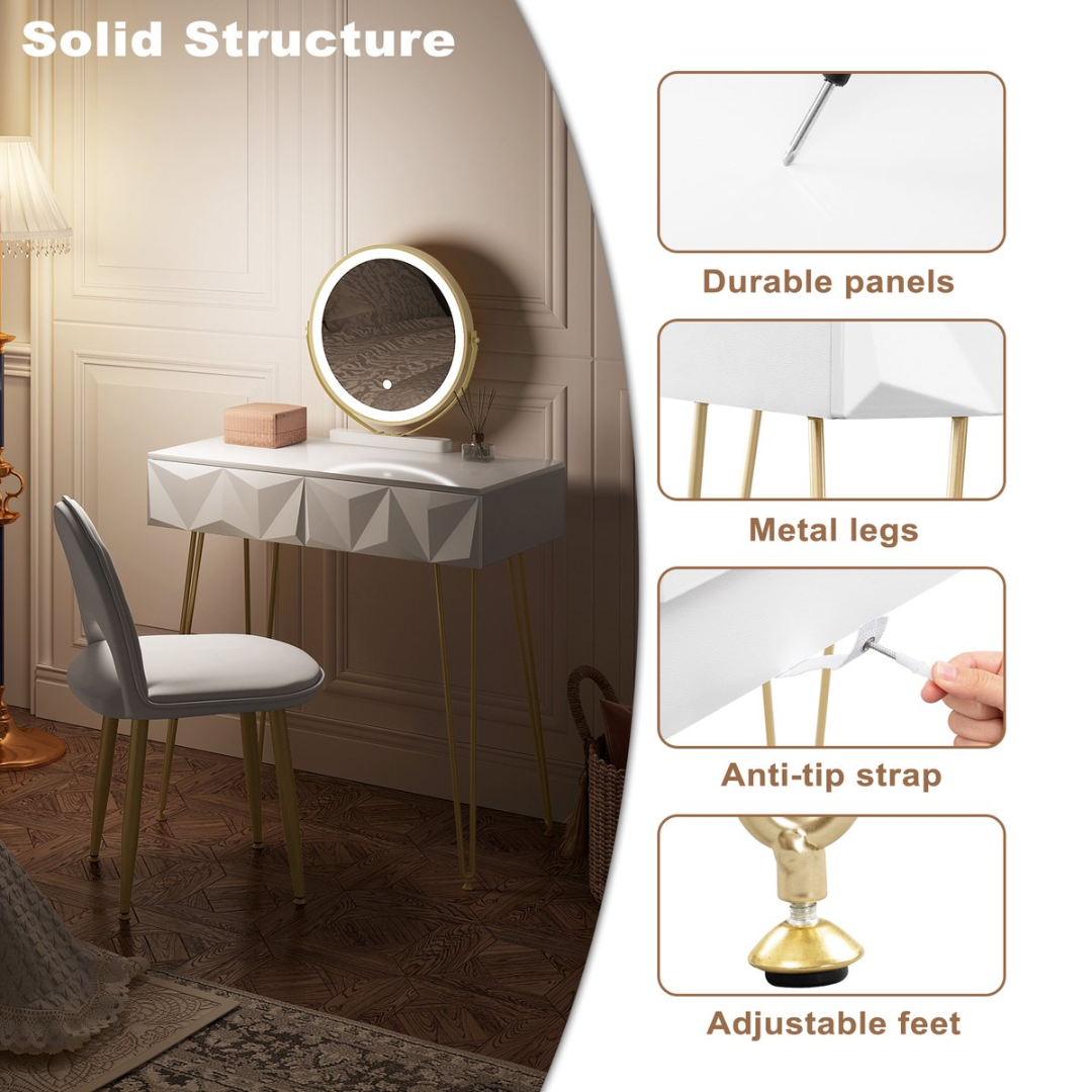 Make-up Tafel Set met 3-Niveau Verstelbare LED Spiegel en Fluwelen Stoel – 80x40 cm – Dressoir voor Slaapkamer – Perfect Cadeau voor Meisjes en Vrouwen