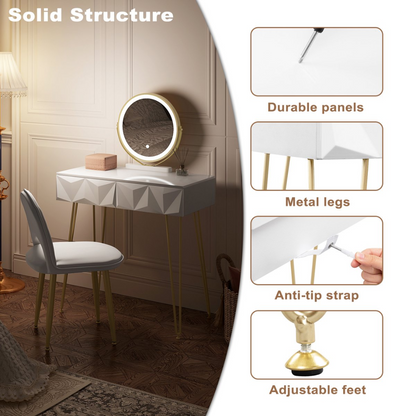 Make-up Tafel Set met 3-Niveau Verstelbare LED Spiegel en Fluwelen Stoel – 80x40 cm – Dressoir voor Slaapkamer – Perfect Cadeau voor Meisjes en Vrouwen