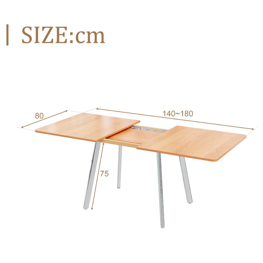 Uitschuifbare Eettafel - Naturel kleur - Zilver verchroomde poten - 140 cm x 80 cm - uitschuifbaar tot 180 cm - sterke legering steunen - geschikt voor 4-6 personen