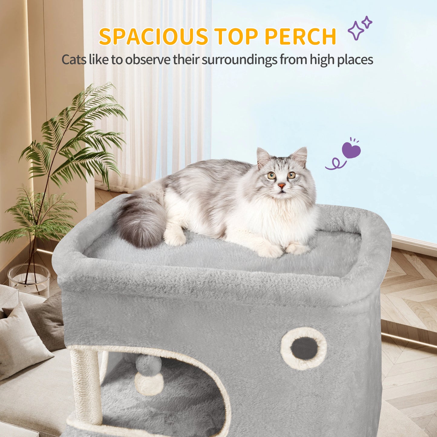 Krabpaal – Kattenboom – Kattenmeubel – Kattenhuis – Krabtoren – 203 cm Hoog – 7 Sisal Krabpalen Met Grote Platforms En Holletjes – Lichtgrijs/Donkergrijs/Beige