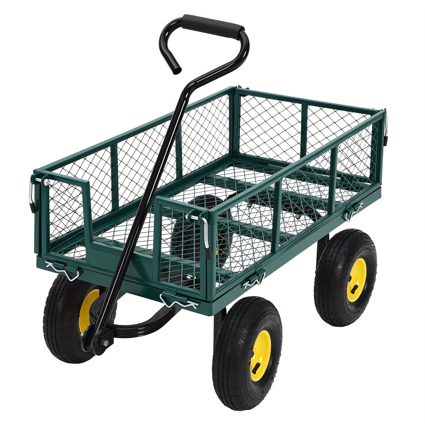Heavy-Duty Steel Garden Cart with 180° Rotating Handle, Removable Sides & All-Terrain Large All-Terrain Tires - Sturdy Steel Frame, Green & Design, Large Capacity Utility Wagon for Yard, Farm, Beach, Lawn Care, Construction