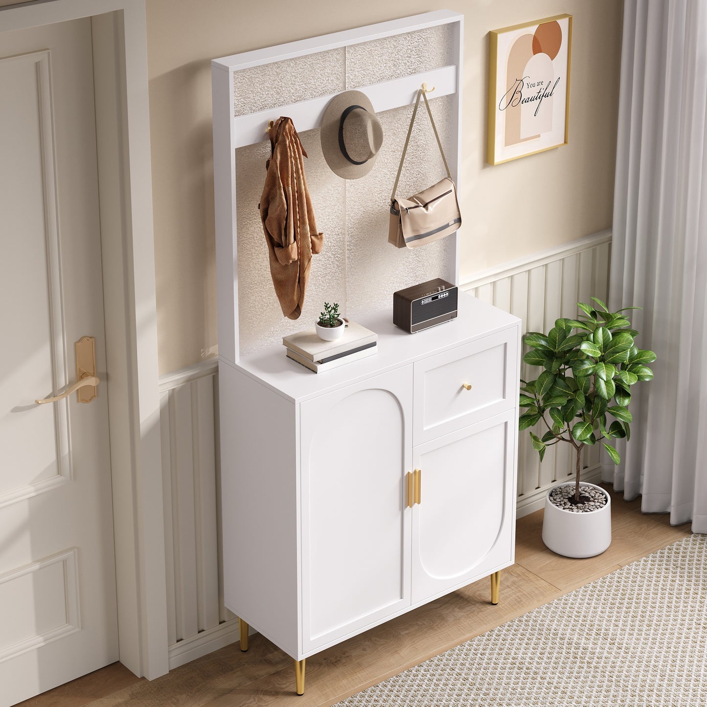 BTM Compact Wardrobe Hall Cabinet in White with Adjustable Shelves, Soft-Close Hinges, Hook Rail, Arched Doors, and Gold Metal Legs, Modern Hall Furniture 80×175.5×35 cm
